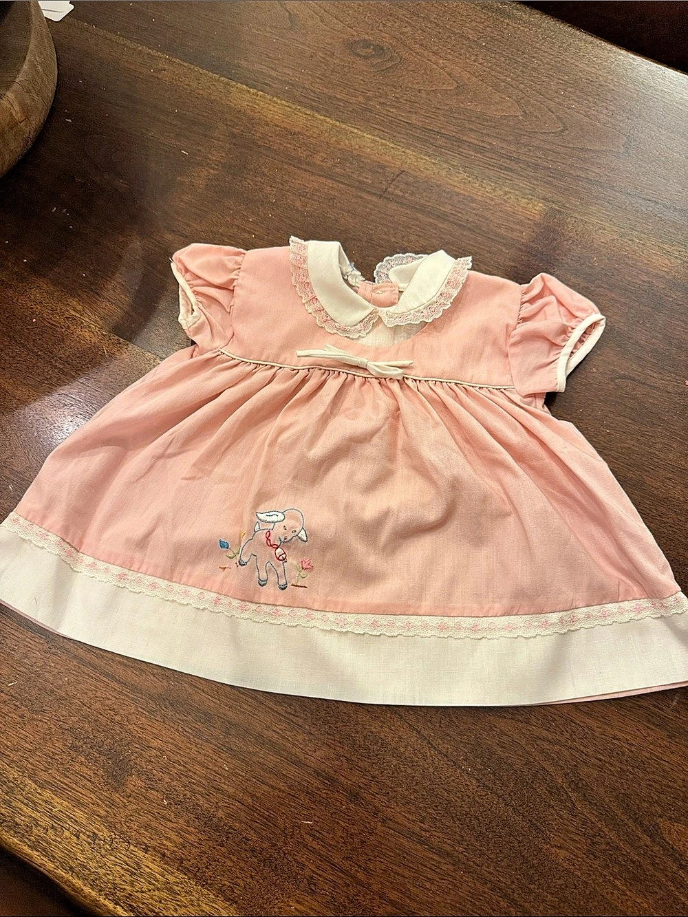 Vintage Girls Pink & Cream Embroidered Dress with lamb